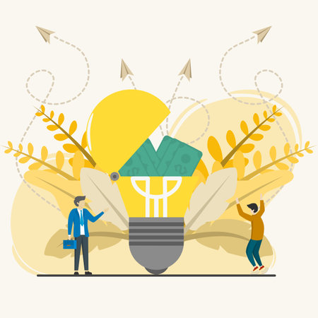 concept for investing in ideas. money put in a light bulb, vector cartoon illustration. Business idea concept for investing money into intellectual idea project.のイラスト素材