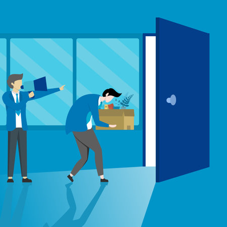 Concept of Boss firing employee. Businessman pointing at fired worker, business work error, poor employee performance, quitting office job, fired staff, kick and despair vector illのイラスト素材
