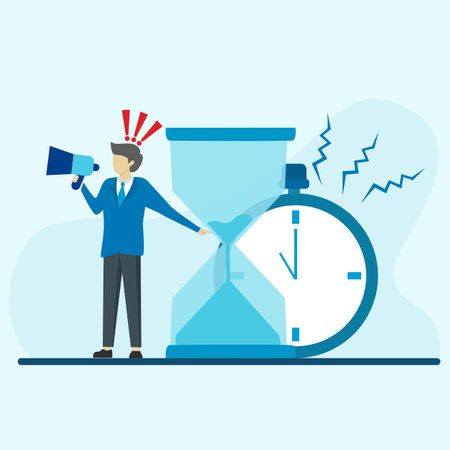 Time management at work, businessman holding megaphone standing next to big hourglass as deadline symbol. deadline concept planner flat vector illustration bannerのイラスト素材