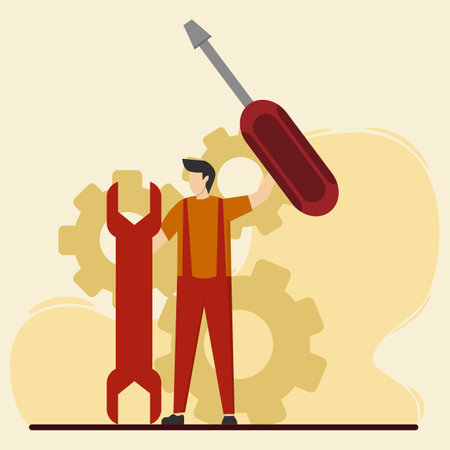 mechanical character concept. mechanic repairs the damage. Mechanic in uniform inspects broken tools or machines. Professional auto diagnostics. Flat vector illustrationのイラスト素材