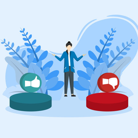 Vector illustration of likes or dislikes. Concept of social satisfaction poll. Business women give the choice of likes or dislikes. Customer feedback, client sign cartoon characterのイラスト素材