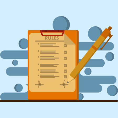 a list of approved rules with signatures, reading guides, creating checklists. Vector illustration for company order, restriction, law, regulatory conceptのイラスト素材