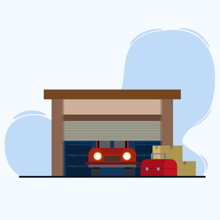 garage concept for cars. red car in the garage of the house. Vector illustration.のイラスト素材