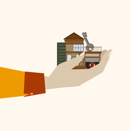 drawing of human hand holding house, house buying and selling transaction, house selection, house project, real estate concept, flat style illustrationのイラスト素材
