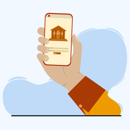 mobile banking concept. businessman hand showing mobile phone screen. login via mobile banking on the mobile screen. Realistic vector illustration.のイラスト素材