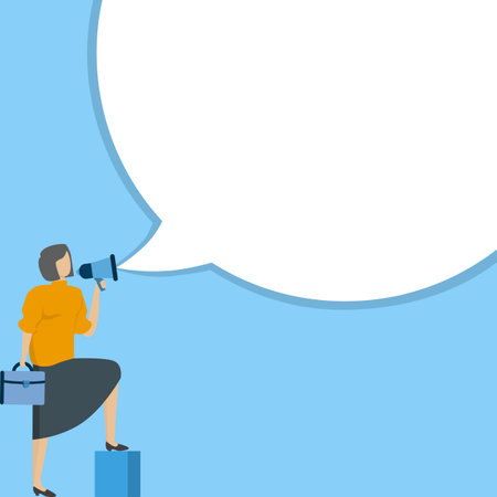 Young woman or businesswoman standing and communicating via megaphone. Announce the message concept. Talk to people. Promotion. attention. Vector illustration.のイラスト素材
