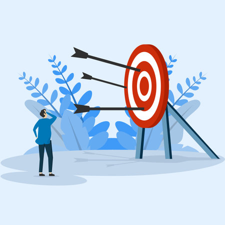 Entrepreneurs who fail to achieve targets. Not hitting the target, arrows all around. The male character is confused about the bow and arrow not hitting the target.のイラスト素材