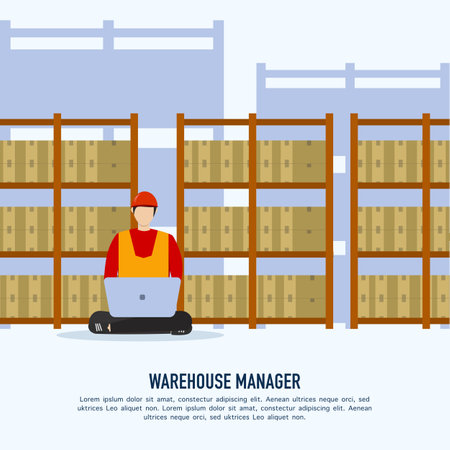 Intelligent warehouse management system. Logistics management monitoring concept. man in warehouse monitoring with laptop inventory level of goods on shelves. vector illustration.のイラスト素材
