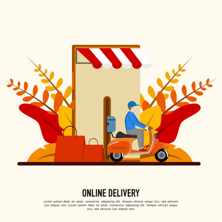 Concept of online delivery service, online order, home and office delivery, scooter and bicycle courier,
delivery website, banner, background, app, poster, on mobile.のイラスト素材