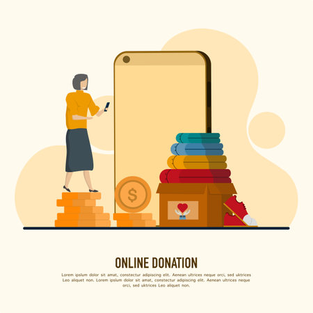 female online donation concept collect money charity donation, clothing, Charity concept, support and donation. Humanitarian charities. Generosity.のイラスト素材