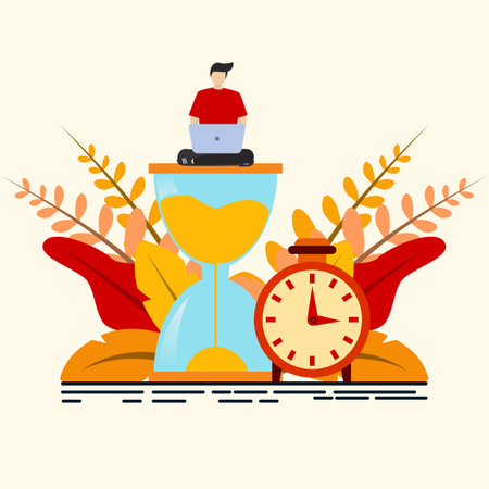time management concept, male character working with laptop sitting on hourglass, time schedule,...