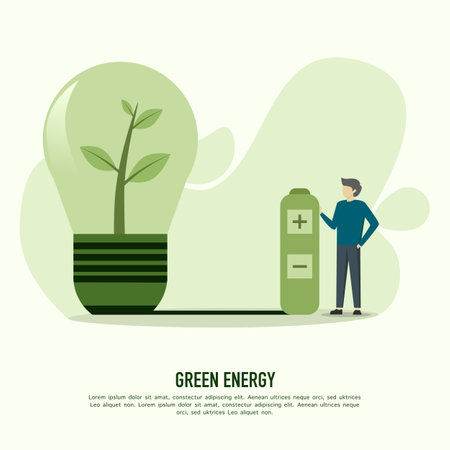 flat design vector illustration concept for green energy, male character holding green battery for green energy. Concepts for web banners and print materialsのイラスト素材