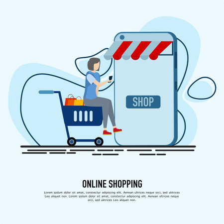 online shopping concept in social media application. woman sitting in shopping cart with Smartphone with shopping bags, chat messages, delivery. suitable for digital store promotioのイラスト素材