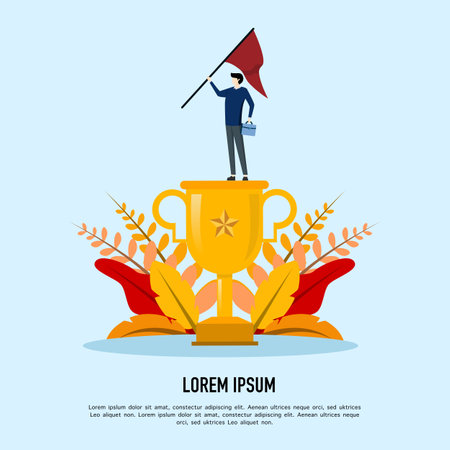 Victory concept with winning businessman holding flag over big golden trophy, giving success in business. business achievements. concept of entrepreneurs achieving goals.のイラスト素材