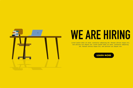 Hiring recruitment open vacancy design info label template. We are recruiting to join. vector illustration isolated on a yellow backgroundのイラスト素材
