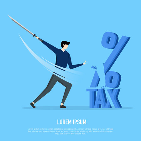 tax cut concept. businessman cuts tax word with sword. Tax reduction. business. tax management. business design concept. cartoon vector illustration.のイラスト素材