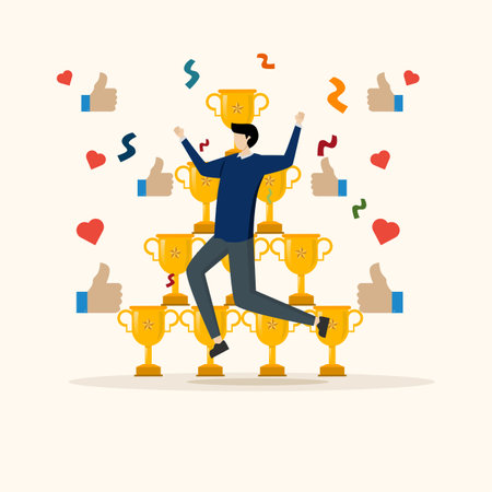 congrats, happy successful businessman with thumbs up, Reward high performance employees, good job or praise successful staff, awards or applause, trophies stacked.のイラスト素材