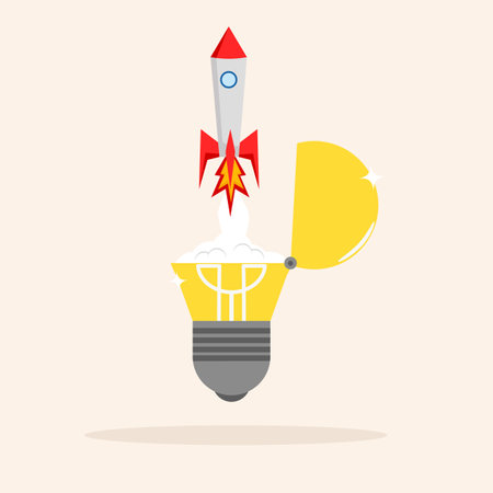 high flying innovative rocket launch from bright light bulb idea. entrepreneurship or startup, Innovation to launch new ideas, creativity to start a business or breakthrough idea.のイラスト素材