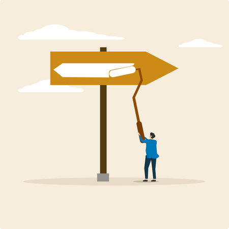 businessman paints arrows anticlockwise on arrowheads. opposite direction, conflict or reverse direction, career path concept, hesitating business decision to turn into a better.のイラスト素材