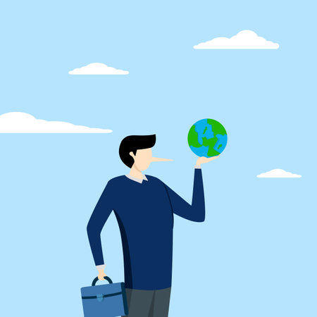 the businessman with the Pinocchio nose lied about saving the world. liar can't keep promise or reduce greenhouse effect pollution, global warming problem concept.のイラスト素材