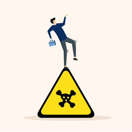 Careful businessman slip falling on caution skull symbol, Caution caution, business risk or trouble warning, failure prevention or avoid hazard concept, caution sign.のイラスト素材