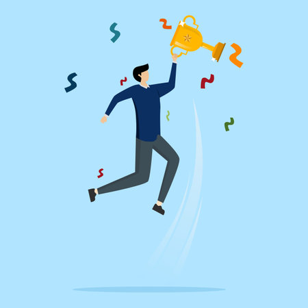 happy businessman holding winning trophy jumps high for celebration. Celebrating job achievement, success or victory, winning a prize or trophy, challenging or succeeding.のイラスト素材