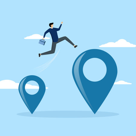 the entrepreneur jumps from map navigation pins to a new relocation metaphor. Business relocation, moving office to a new address or transferring to a new location concept.のイラスト素材