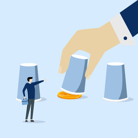 Businessman investor pointing to right cup with man opening it to reveal profit dollar coin money Gambling risk, winning game guessing or predicting investment concept.のイラスト素材