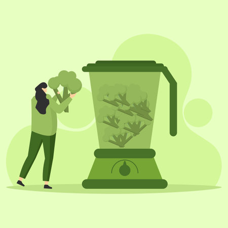healthy diet illustration concept. Concept of fitness and diet food. Character drink protein and fresh vegetables smoothie shake with vitamins. Vector illustration.のイラスト素材