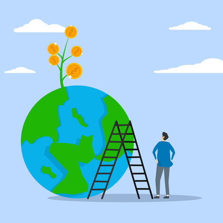 Entrepreneurs see the world to achieve cash crops. Global investment opportunity, world stock mutual fund, international or world company profit growth concept.のイラスト素材