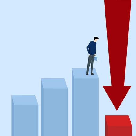 businessman investor looking through to see the graph of despair. Forecast or prediction of next economic recession, underperformance or declining GDP, stock market decline.のイラスト素材