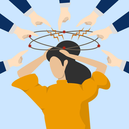 giant boss pointing and blaming depressed female employee. Toxic jobs, harassment or intimidation of co-workers, fear of failure and responsibility.のイラスト素材