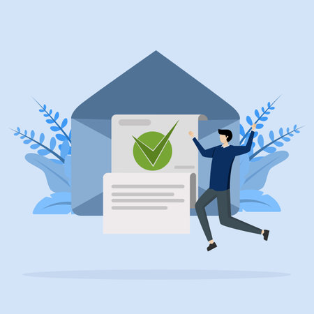 male character with checkmarked document in envelope. Concept of confirmation, letter of acceptance or approval, verification. Modern flat vector illustration for web page.のイラスト素材
