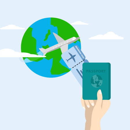 Let's travel the world of vector design. Travel passport and plane tickets with famous landmarks and country tourist destinations. Flat vector.のイラスト素材