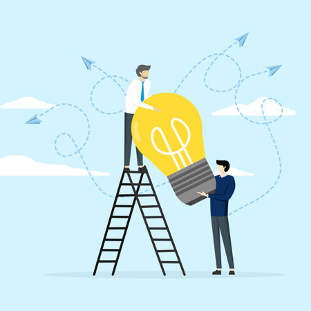 Two business people climbing ladder towards light bulb. Generate unique business ideas and approaches.のイラスト素材