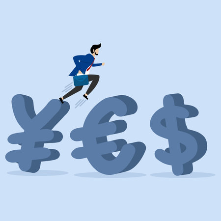 Successful businessman wearing running suit in Japanese yen, currency symbol of Euro and US Dollar. Foreign Exchange trading between currencies around the word or concept.のイラスト素材