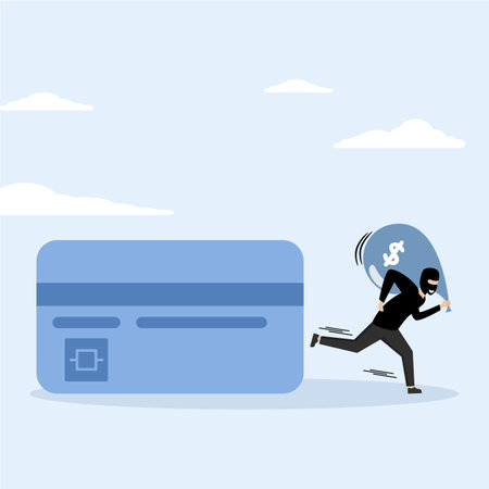 thief with dark black robbery walking with big bag with dollar sign money sign from credit card online payment. Credit card online hacking, online hacking.のイラスト素材