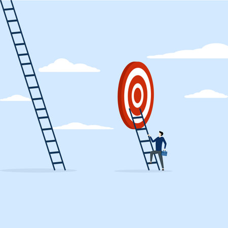 business people who are savvy about climbing the ladder to achieve short term goals. Focus on short term goals to achieve long term success, financial goals or project plan conceptのイラスト素材