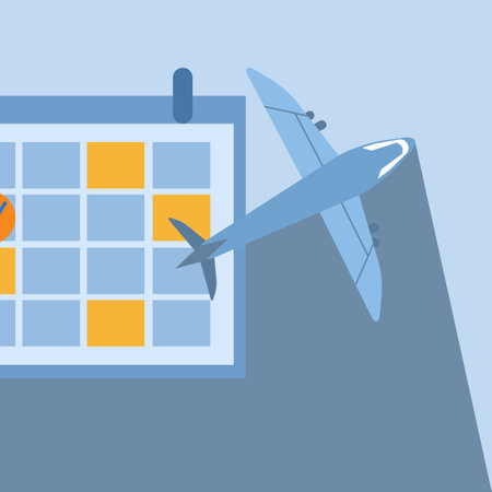illustration concept Travel itinerary, vacation plan or business travel dates concept, toy airplane on a clean calendar on a blue background.のイラスト素材