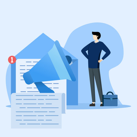 email promotion illustration concept. Characters planning marketing strategy, sending advertising letters, promotional offers with sales and discounts. Ecommerce business concept.のイラスト素材