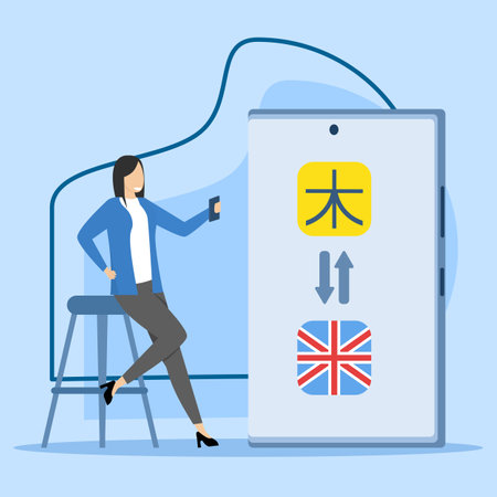 The concept of listening and speaking in English. Character studying English illustration. Students study with smartphones, books and practice reading, Online education concept.のイラスト素材