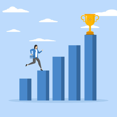 Concept of motivation to drive success, motivated businessman running on growing bar graph to catch winner trophy, achievement or award motivate employees to improve and success.のイラスト素材