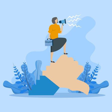 Discrediting or blaming others, bad businesswoman with megaphone discrediting and blaming others with thumbs down symbol, intimidating and despairing.のイラスト素材