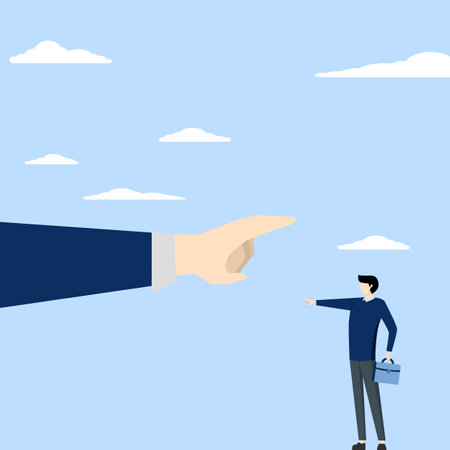 Employee conflict direction concept, small businessman standing in front of giant hand pointing in opposite direction. argument between coworkers, roads agree or opposite, decisionのイラスト素材