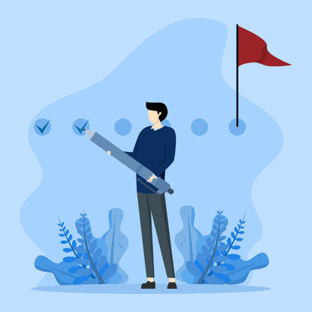 Project tracking concept, goal tracker, businessman project manager holding large pencil to check completed tasks in project management, task completion or checklist to remindのイラスト素材
