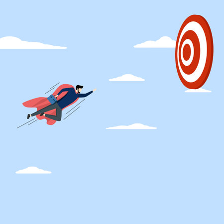 Goal Achievement Concept, businessman superhero flying fast through business target, challenge or mission to win and achieve success target, leadership, motivation and skill.のイラスト素材