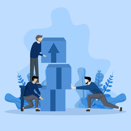 Concept of teamwork in business. Business team putting up blocks with up arrow symbol, business growth concept, working environment helping each other for success.のイラスト素材