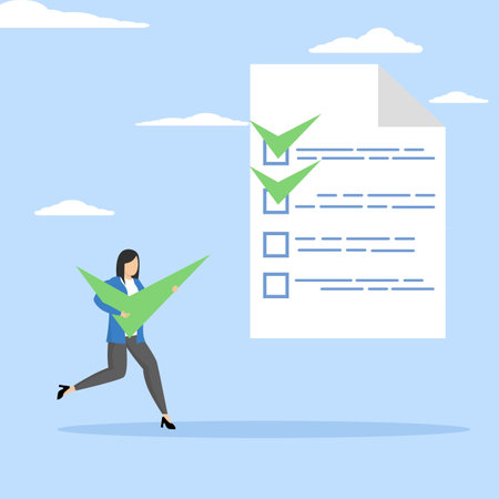 document approval concept, Checklist for completed task, project checkbox or achievement list, businesswoman carrying big tick to complete task for project tracking.のイラスト素材