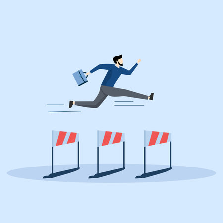 Business challenge concept, ambitious businessman jumping over hurdles to find higher barriers, overcoming difficulties or obstacles to achieve business success, effort.のイラスト素材