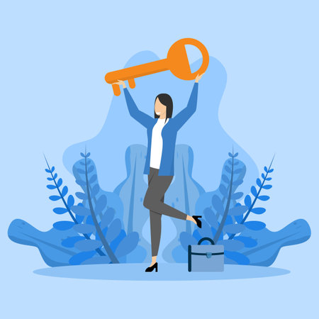 Key success concept for business, leadership and solutions, happy successful businesswoman holding golden key like cheerful businesswoman with freedom, motivation to achieve goal.のイラスト素材